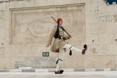 Athens, Greece, 30 May 2015. Evzone walking and guarding the parliament of Greece in Sintagma.
