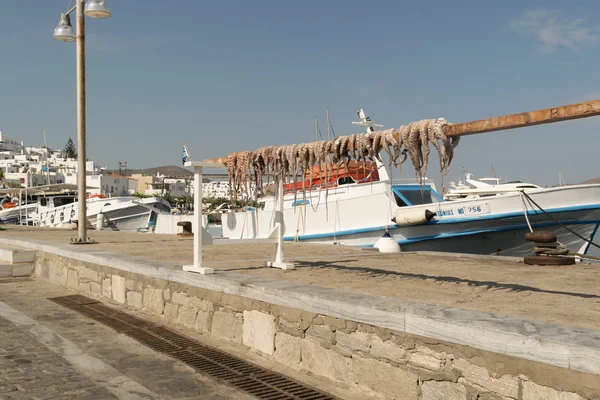 Paros, Griekenland, 15 augustus 2015. Octopus in de zon te drogen tegen de zee en een vissersboot. — Stockfoto