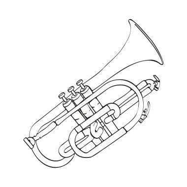 Bir müzikal trompet. Beyaz arkaplanda izole edilmiş vektör baskısı siyah çizimi. Müzik aletleri