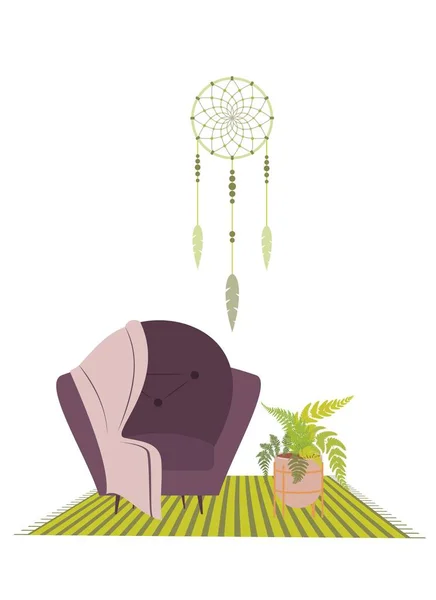 Egy szék, egy szőnyeg és virágok. Lakberendezés — Stock Vector