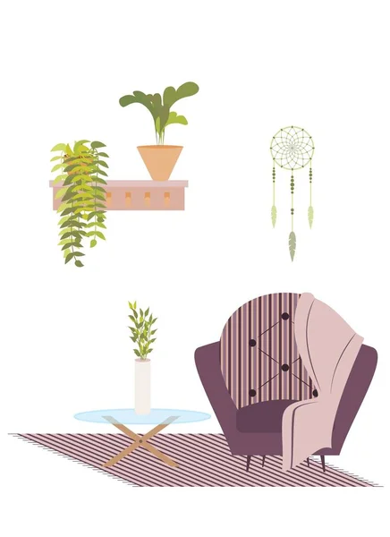 Otthoni dekoráció fotellel és dohányzóasztallal — Stock Vector