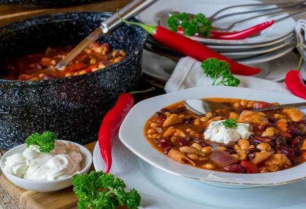 Plate Spicy Mixed Bean Soup Made Kidney Beans White Beans — Stock Photo, Image