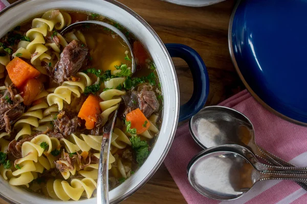 Pot Fresh Cooked Noodle Soup Beef Meat Served Spoons Rustic — Stock Photo, Image