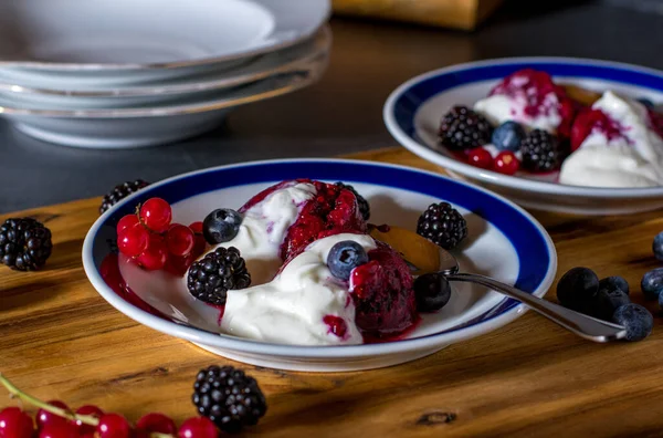 healthy and low fat berry sorbet made with fresh berries and served with a light yogurt sauce on plate with rustic table background