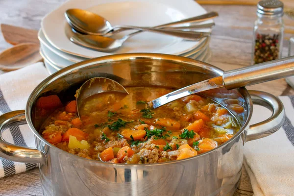 Carrot Stew Vegetables Potatoes Minced Meat Served Large Stew Pot — Stock Photo, Image