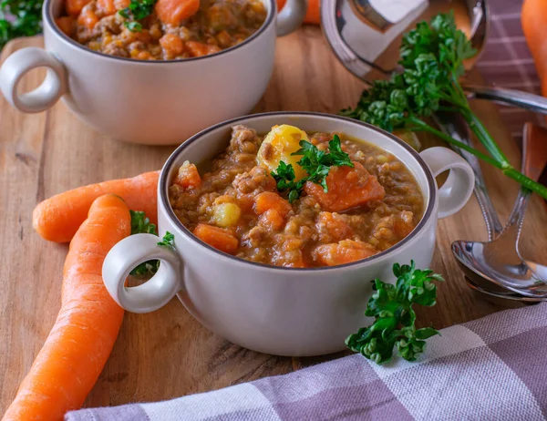 新鲜的胡萝卜炖菜 配上扁豆 切碎的肉和土豆 与欧芹一起放在小汤碗里 放在乡村的木桌背景上 — 图库照片