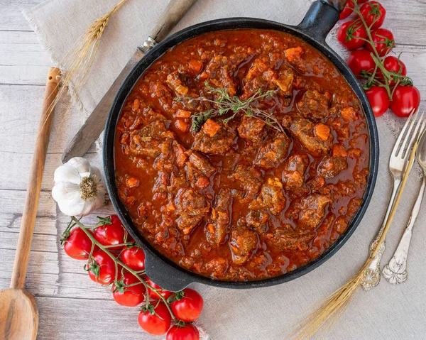 Overhead View Fresh Cooked Italian Beef Ragout Delicious Sauce Alla — Stock Photo, Image