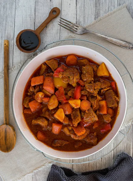 Vista Aérea Delicioso Estofado Cerdo Filipino Con Verduras Papas Salsa —  Fotos de Stock