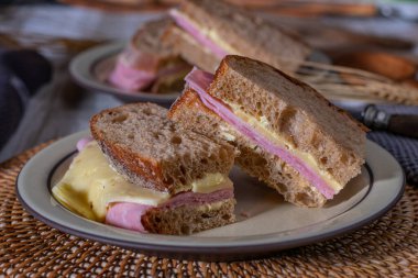 Alman ekşi ekmeği üzerine jambonlu ve peynirli sandviç. Kırsal masa arka planında servis ediliyor. Yaklaş ve izole edilmiş görünüm