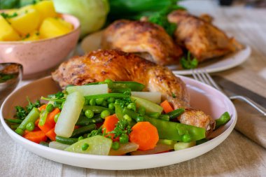 chicken with vegetables and potatoes. Healthy dinner or lunch
