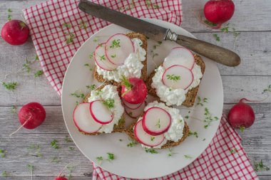 Kırmızı turp ve tereyle kaplanmış süzme peynirli sandviç. Ahşap masanın üzerinde rustik bıçakla servis ediliyor.