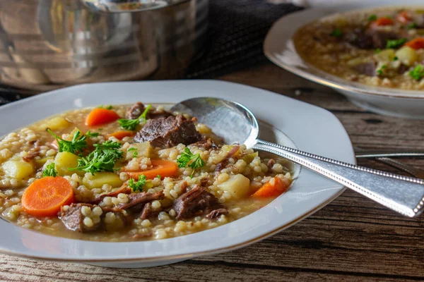Fresh Homemade Cooked Beef Soup Pearl Barley Root Vegetables Potatoes — Stock Photo, Image