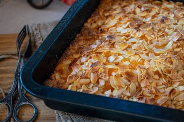 Taze ve ev yapımı bademli kek, kavrulmuş badem ve mandalinayla birlikte, kırsal ve ahşap masa arka planında sıcak servis ediliyor. Yukarıdan yakın görünüm