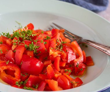 Kırmızı biber salatası. Kırmızı dolma biberli, zeytinyağı ve tereyağlı ev yapımı taze ve marine edilmiş salata. Kırsal bir tabakta çatalla servis edilmiş. Çok yakın çekim.
