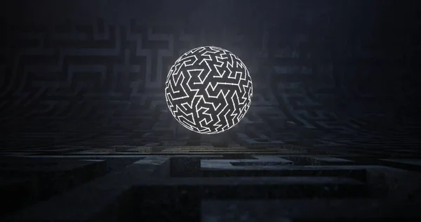 迷路の雰囲気の照明の中心にボールを成長させる 3Dイラスト — ストック写真
