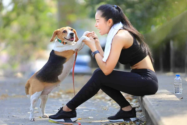 穿着运动鞋的亚洲女人在公园晨练时 正在和她的小猎犬玩耍 — 图库照片