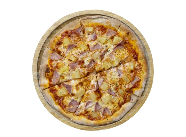 Vista Superior Pizza Havaiana Fatiada Placa Isolada Fundo Branco — Fotografia de Stock