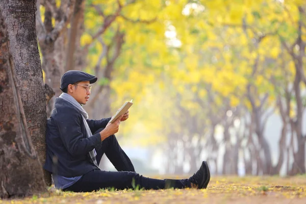 Asian Man Wearing Sweater Reading Book Yellow Flower Blossom Tree — Stock Photo, Image