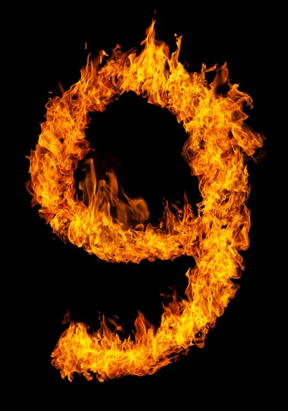 为数值设计目的 在黑暗背景下隔离的燃烧火的第9号字体 — 图库照片