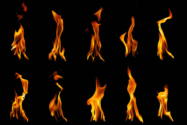 Коллекционный набор огня и горящего пламени свечей изолирован на темном фоне для графического оформления