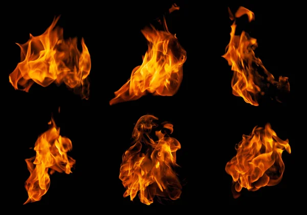 Feuer Sammlung Von Flammen Brennen Isoliert Auf Dunklem Hintergrund Für — Stockfoto
