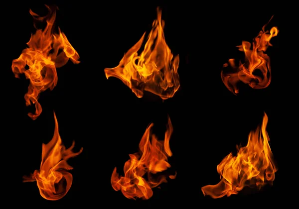Feuer Sammlung Von Flammen Brennen Isoliert Auf Dunklem Hintergrund Für — Stockfoto