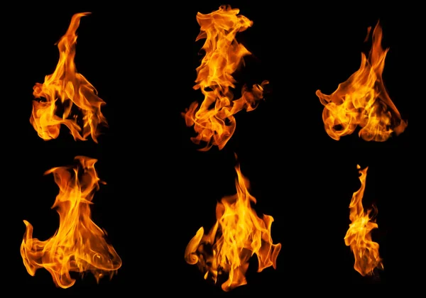 Tűzgyűjtemény Készlet Láng Égő Elszigetelt Sötét Alapon Grafikai Tervezés Céljából — Stock Fotó