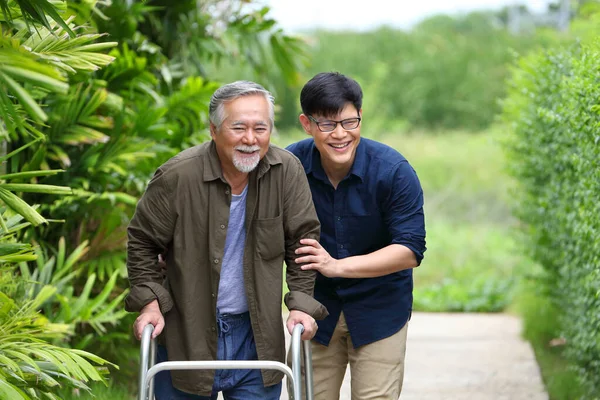 Happy Elder Asian Man Using Walker While Walking Exercise Garden — Stock Photo, Image