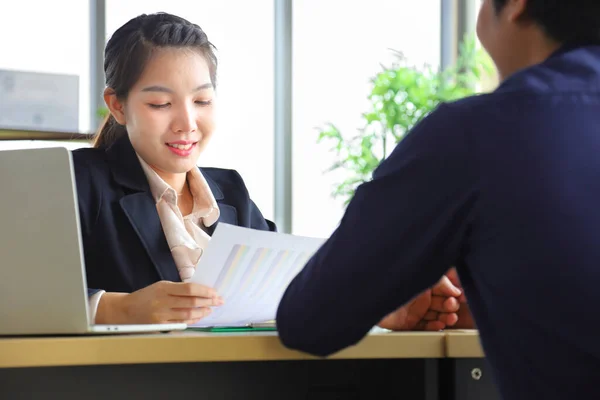 Asian Female Human Resource Management Team Looking Resume New Male — Stock Photo, Image