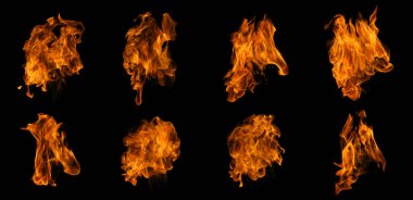 Grafik tasarım kullanımı için yanan alev koleksiyonu koyu arkaplanda izole edildi