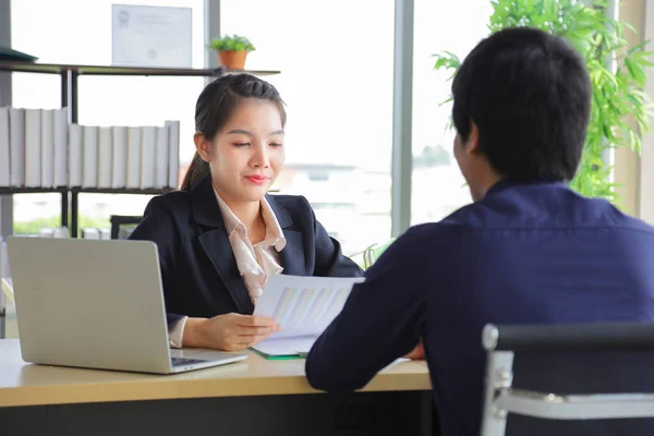 Asian Female Human Resource Management Team Looking Resume New Male — Stock Photo, Image