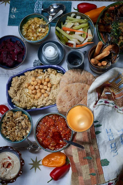 Tehina Sésamo Houmous Pois Chiches Salades Cuites Facon Moyen Orient —  Fotos de Stock