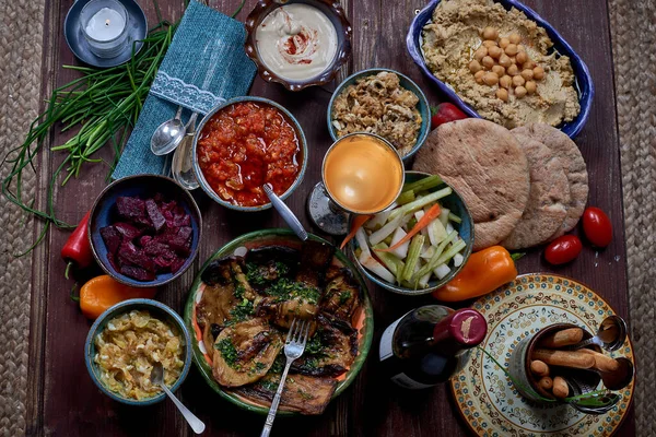 Tehina Szezám Óriási Pois Chiches Salades Cuites Facon Moyen Orient — Stock Fotó