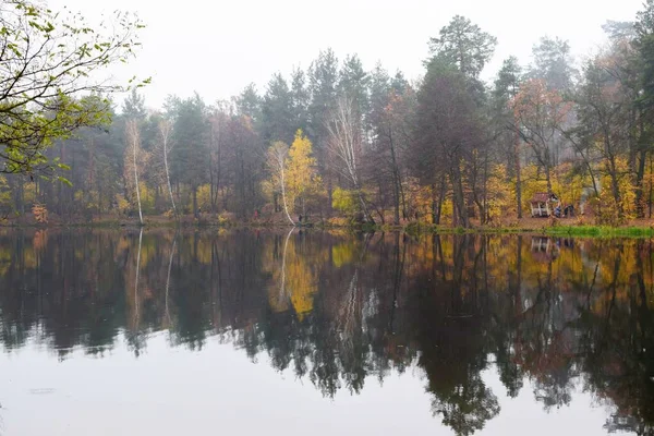 Прекрасний Осінній Парк Відображається Воді Озера Дим Вогню Біля Красивої — стокове фото