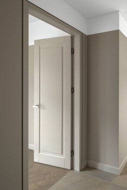 Boş Odadaki Gri Duvar 'da çerçevesi olan basit, modern, gri, açık bir kapı. Modern evde çağdaş iç tasarımın iç tasarım elementi