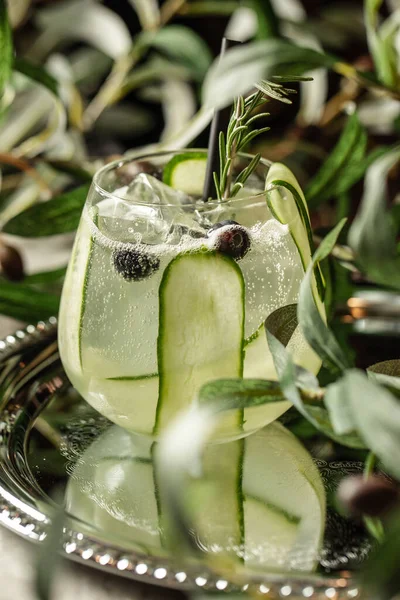 Gin Tonic Cocktail Med Gurka Bär Och Rosmarin Silverbricka — Stockfoto