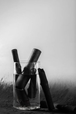 Bambu kömür çubukları camda, kömür tozu ve kara zemin üzerinde su var.