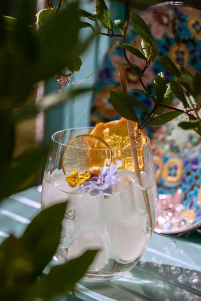 Sommar Förfriskning Aperitif Cocktail Glas Med Stenar Bambu Halm Och — Stockfoto