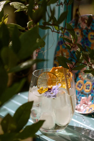Sommar Förfriskning Aperitif Cocktail Glas Med Stenar Bambu Halm Och — Stockfoto