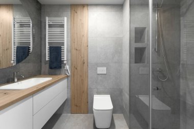 Modern minimalist banyo iç tasarımı gri taş fayanslar ve ahşap duvar dokusu ile