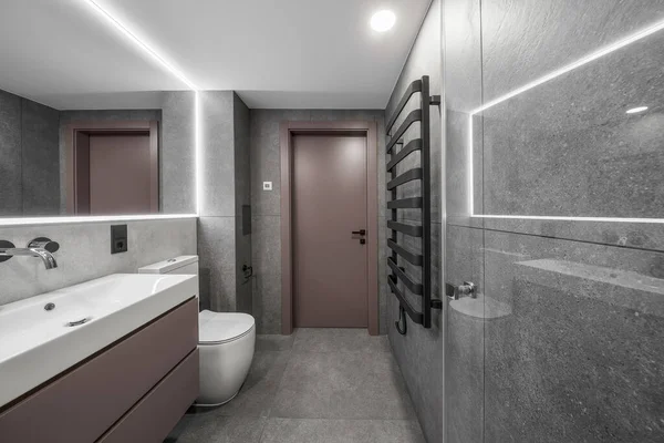 Diseño Interior Moderno Baño Minimalista Con Baldosas Piedra Gris — Foto de Stock