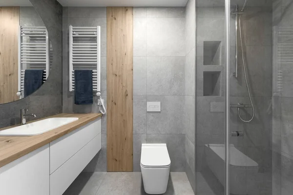 Modern minimalist banyo iç tasarımı gri taş fayanslar ve ahşap duvar dokusu ile