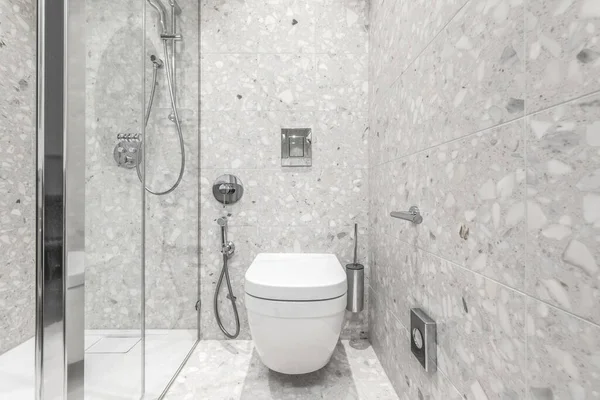 Furnished Modern Minimalist Bathroom Interior Bathroom Chrome Accessories Grey Tiles — Stock Photo, Image