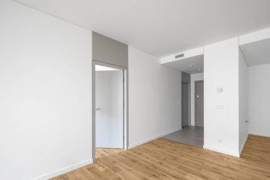 Beyaz duvarları olan boş minimalist modern oda, gri kapı, gri döşemeler ve meşe ağacından döşemeler.