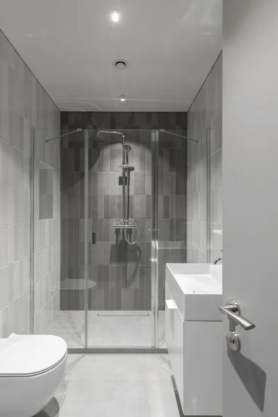 Moderno Baño Minimalista Amueblado Diseño Interior Gris Claro Con Azulejos — Foto de Stock