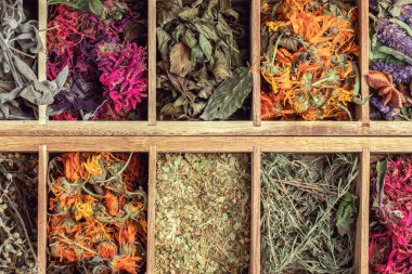 Ahşap çay kutusunda kurutulmuş gevşetici çay otları var. Calendula, nane, papatya, anason hyssop, monarda didyma, pelin otu, kekik, adaçayı yaprakları.