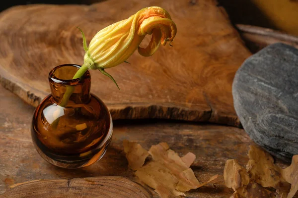 Zucchini yellow flowers on solid wood cutting board, tree bark on rust background.