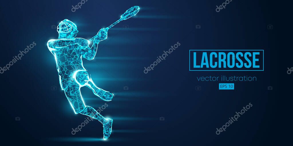 Abstract silhouette of a wireframe lacrosse player from particles on the blue background. Convenient organization of eps file. Vector illustartion. Thanks for watching