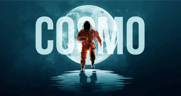 Ay ve uzayın arka planında dans eden astronot. Vektör illüstrasyonu