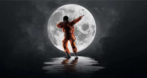 Ay ve uzayın arka planında dans eden astronot. Vektör illüstrasyonu
